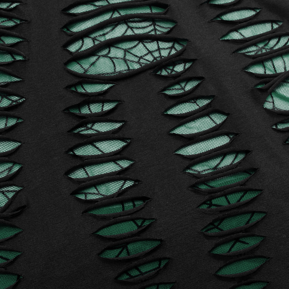 Chic spider mesh cut-out halter top with edgy hollowed-out design and spider print effect.