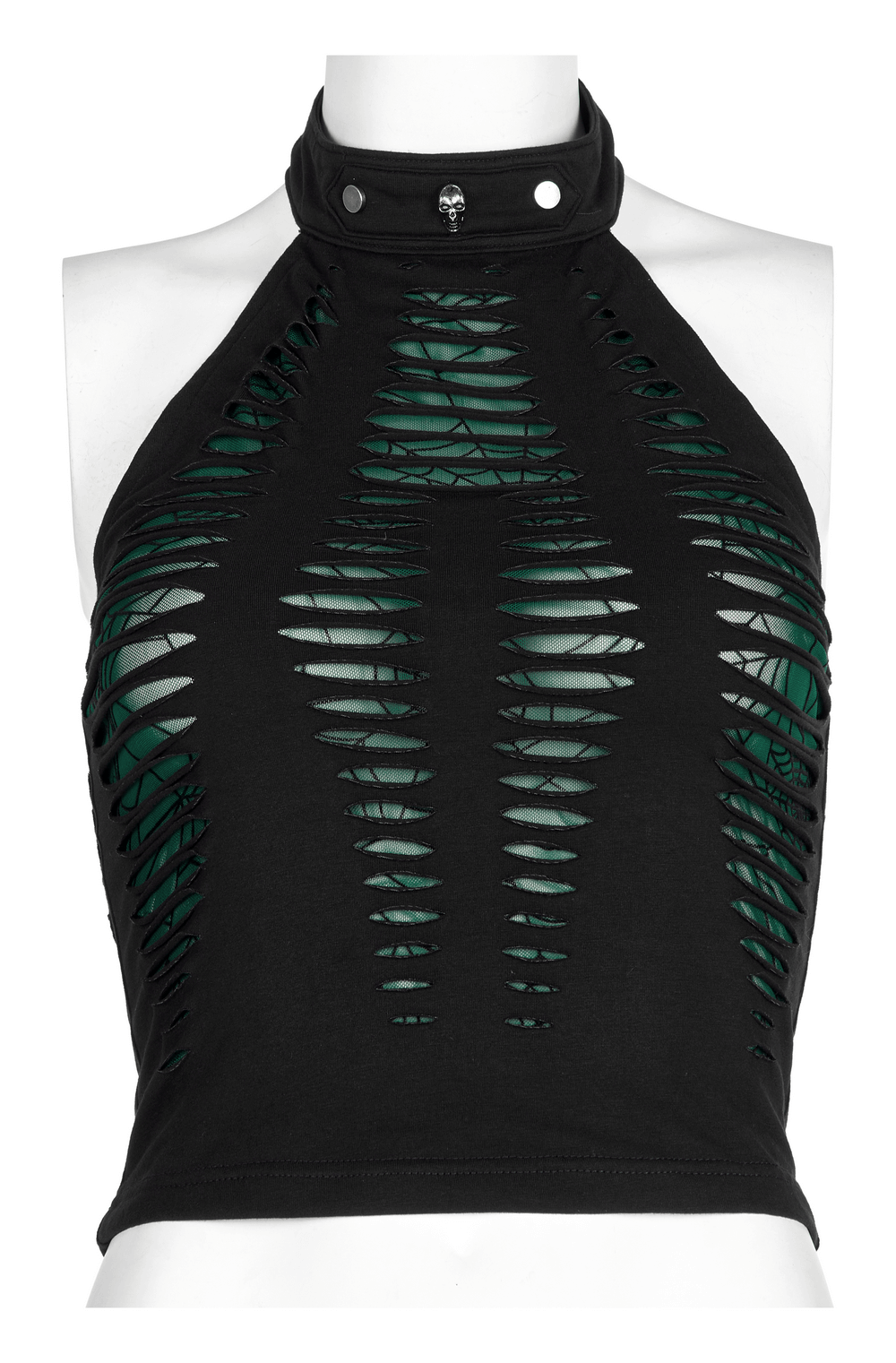 Chic spider mesh cut-out halter top in black with daring hollowed design and adjustable neck, perfect for edgy outfits.