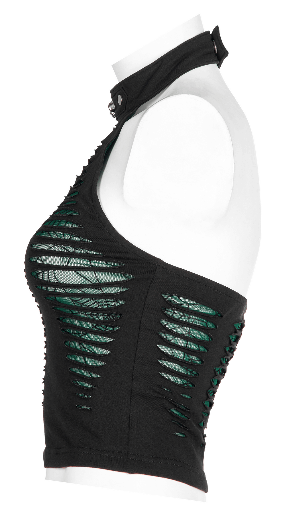 Chic spider mesh cut-out halter top with edgy design and adjustable neck for bold fashion statement.