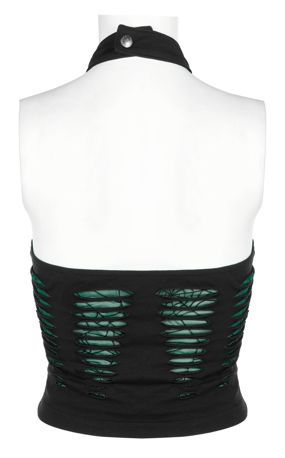 Back view of the Chic Spider Mesh Cut-Out Halter Top featuring hollowed-out design and adjustable neck.