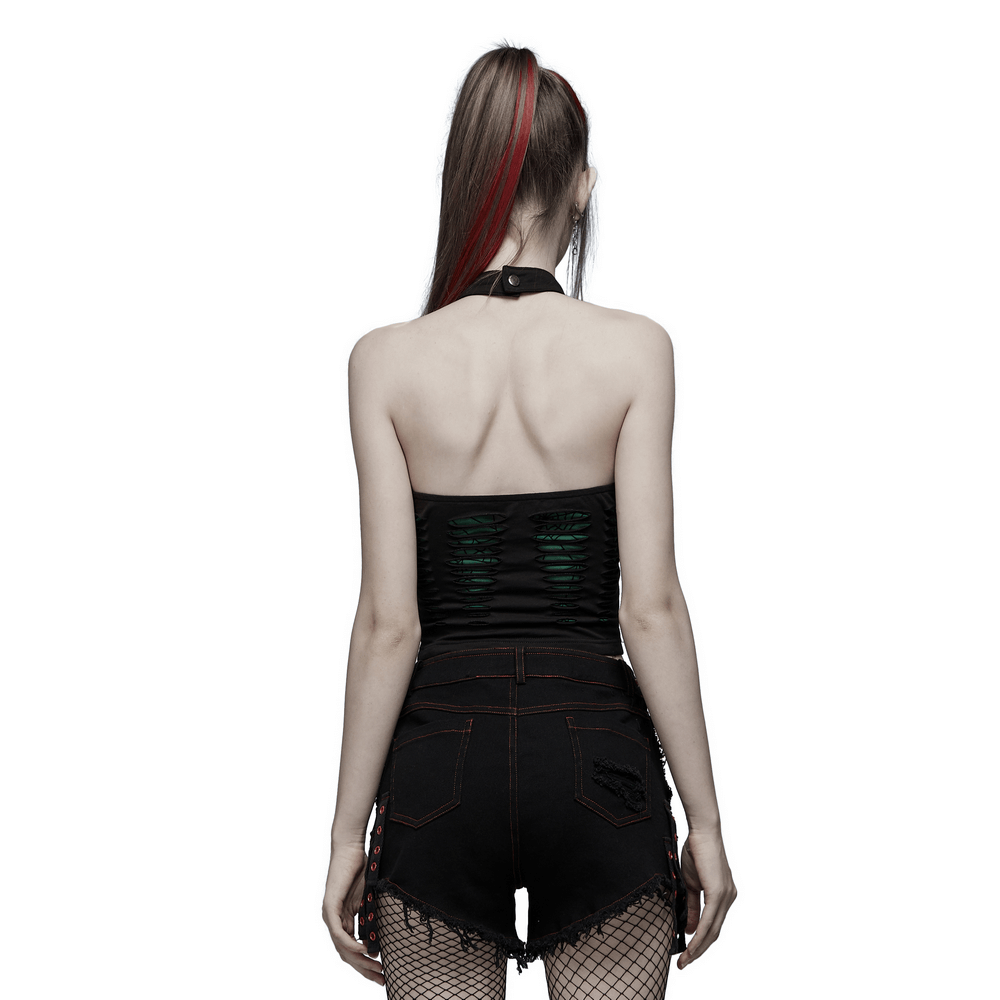 Chic spider mesh halter top showcasing its edgy back design, paired with shredded shorts for a bold fashion statement.