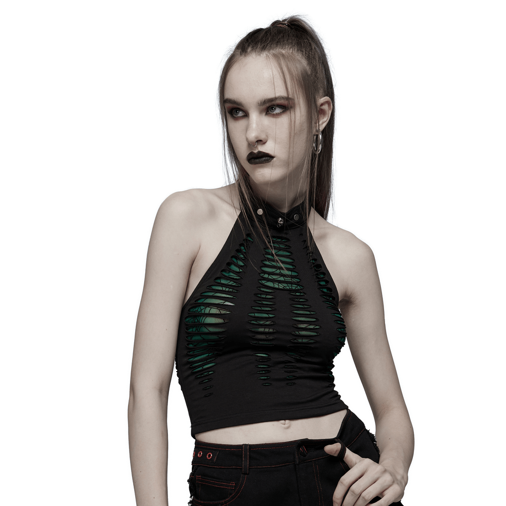 Chic spider mesh cut-out halter top with adjustable neck, showcasing an edgy hollowed-out design and bold style.