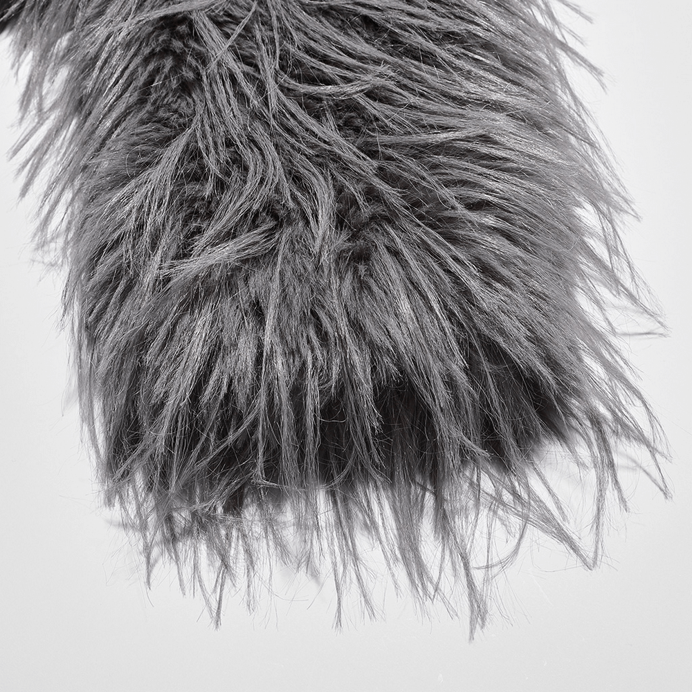 Close-up of chic staggered faux fur coat fabric, showcasing its soft, luxurious texture and fluffy appearance.