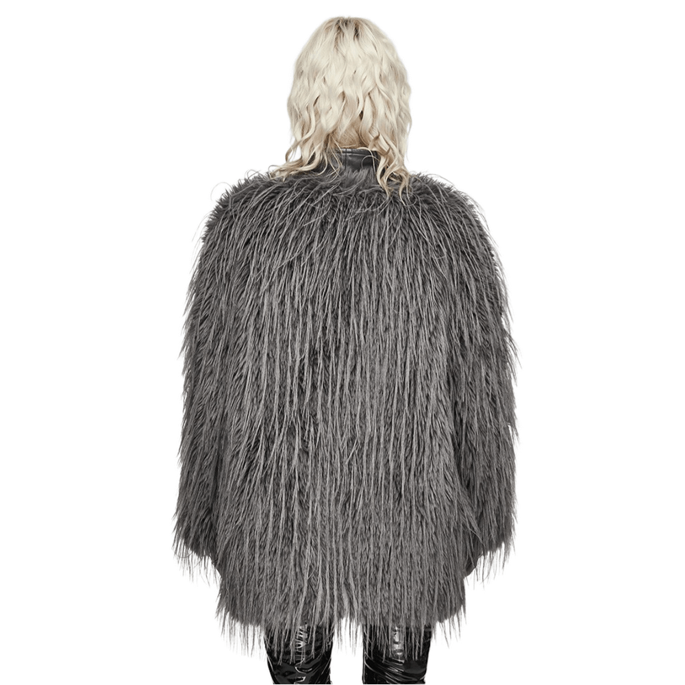 Back view of chic staggered faux fur coat with leather detailing, showcasing its luxurious gray texture and stylish silhouette.