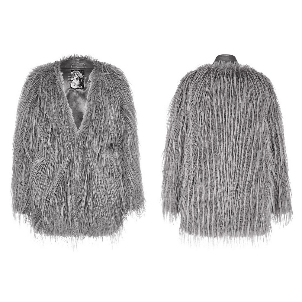 Chic gray staggered faux fur coat with luxurious untrimmed texture and sleek leather detailing.
