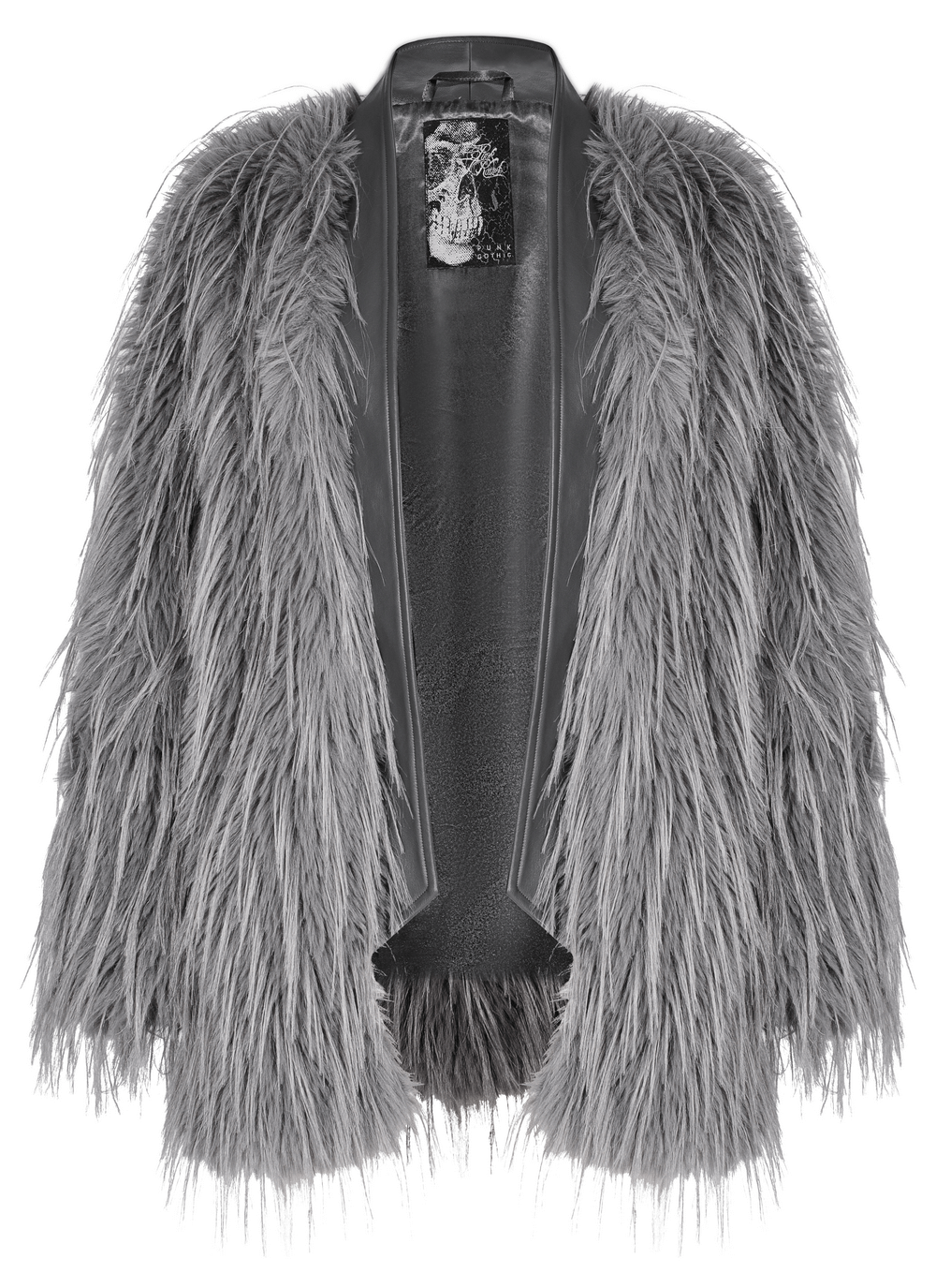 Chic staggered faux fur coat with luxurious faux leather detailing and untrimmed elegance in soft gray.