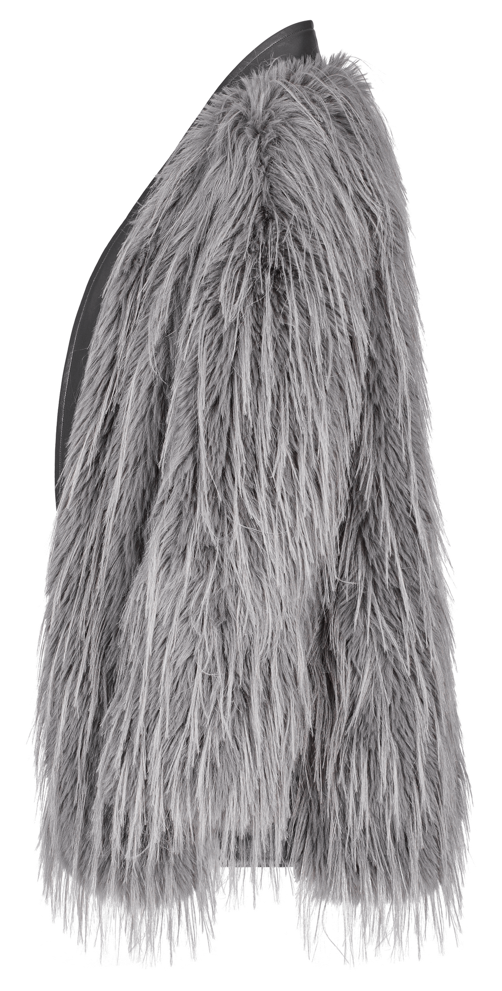 Chic staggered faux fur coat in grey with leather detailing, showcasing untrimmed luxury and textured elegance.