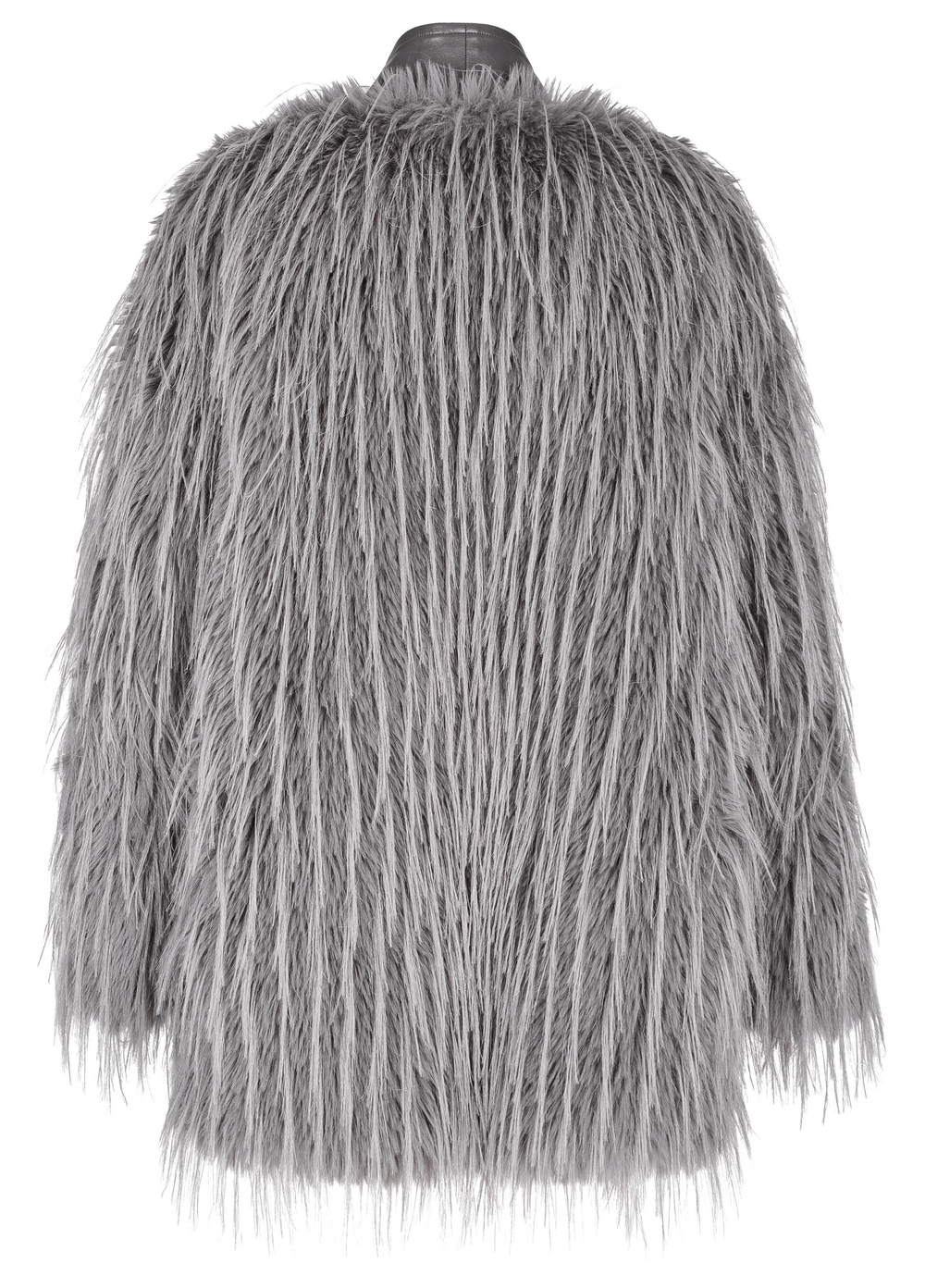 Back view of a chic staggered faux fur coat in soft gray, featuring luxurious untrimmed faux fur for effortless style.
