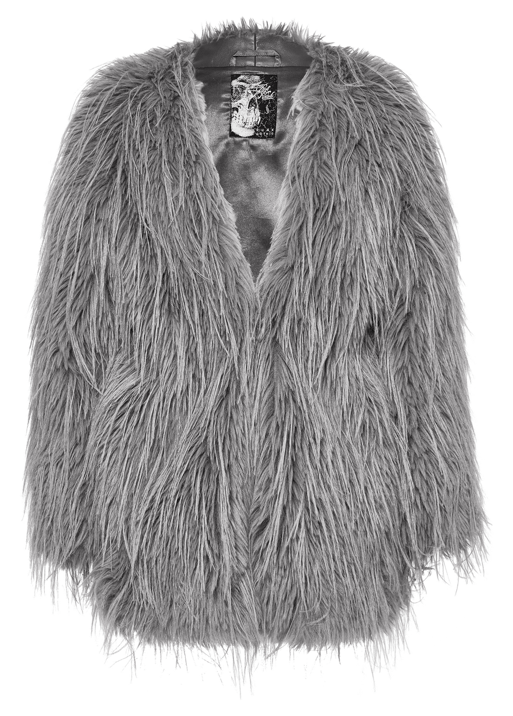 Chic staggered faux fur coat in gray, featuring luxurious untrimmed fur and stylish open front design.
