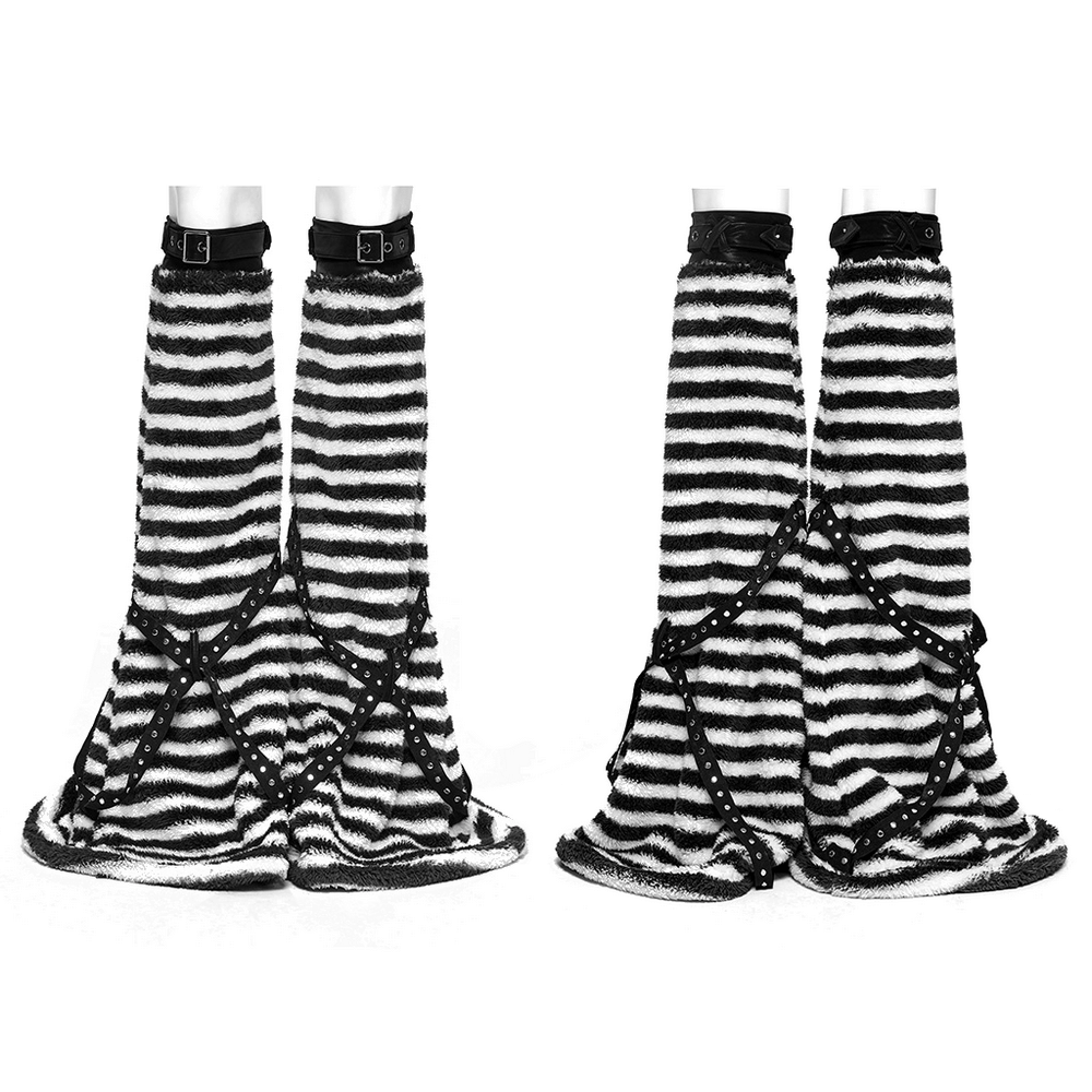 Chic striped plush leg warmers with cross straps, featuring a stylish black and white design for warmth and flair.