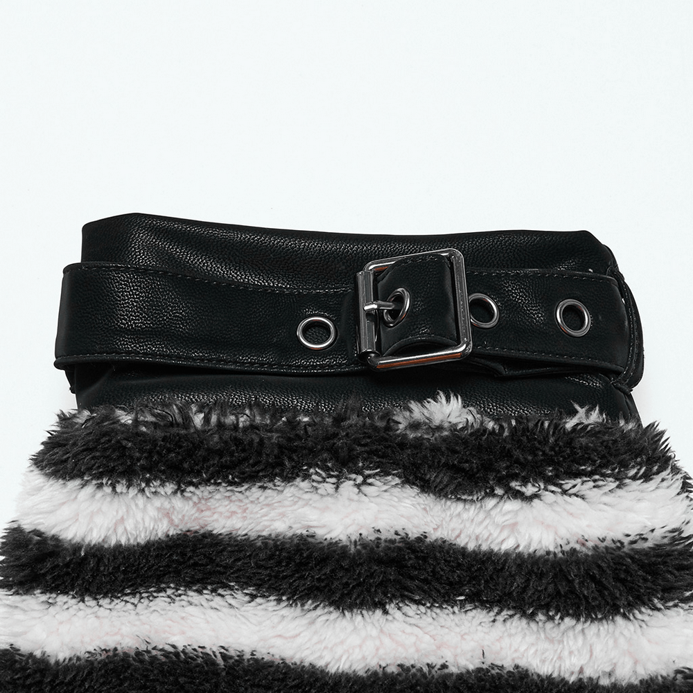 Chic striped plush leg warmers with cross straps and stylish buckle detail on top.
