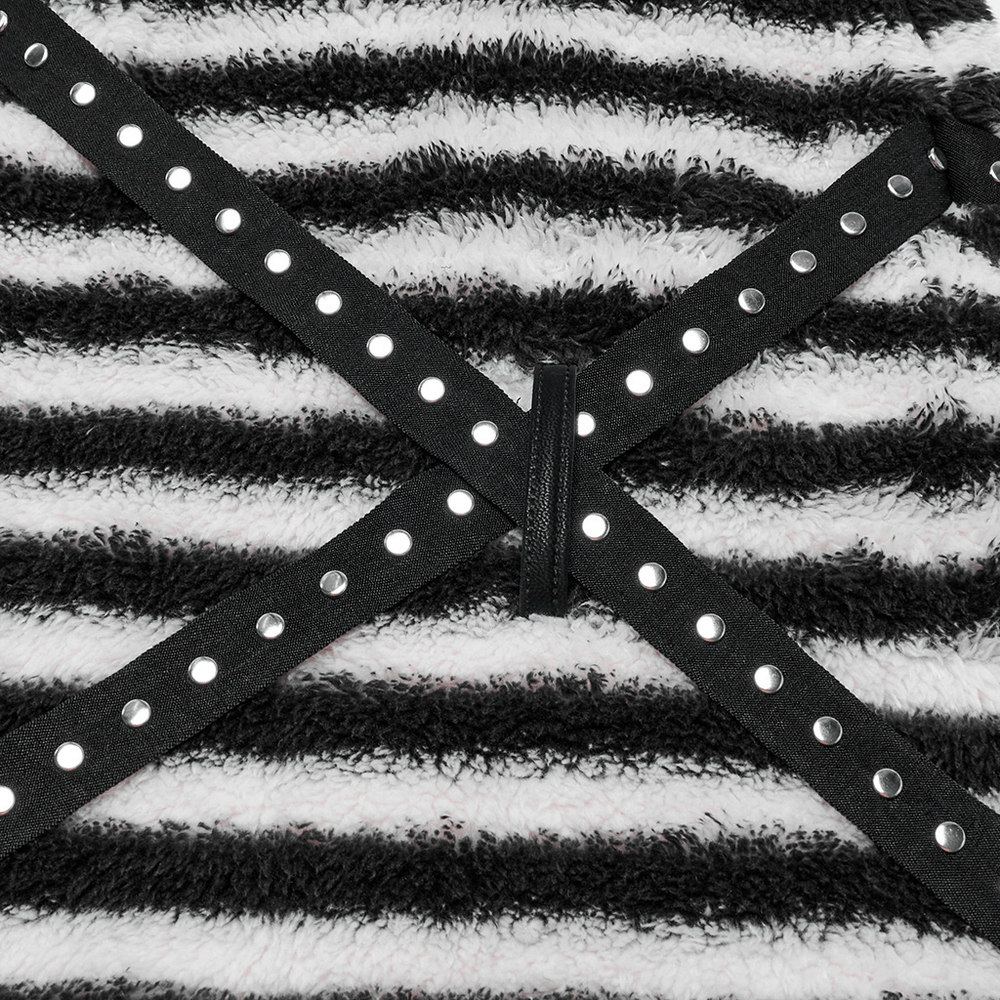 Chic striped plush leg warmers featuring stylish black cross straps and silver studs, perfect for cozy fashion.