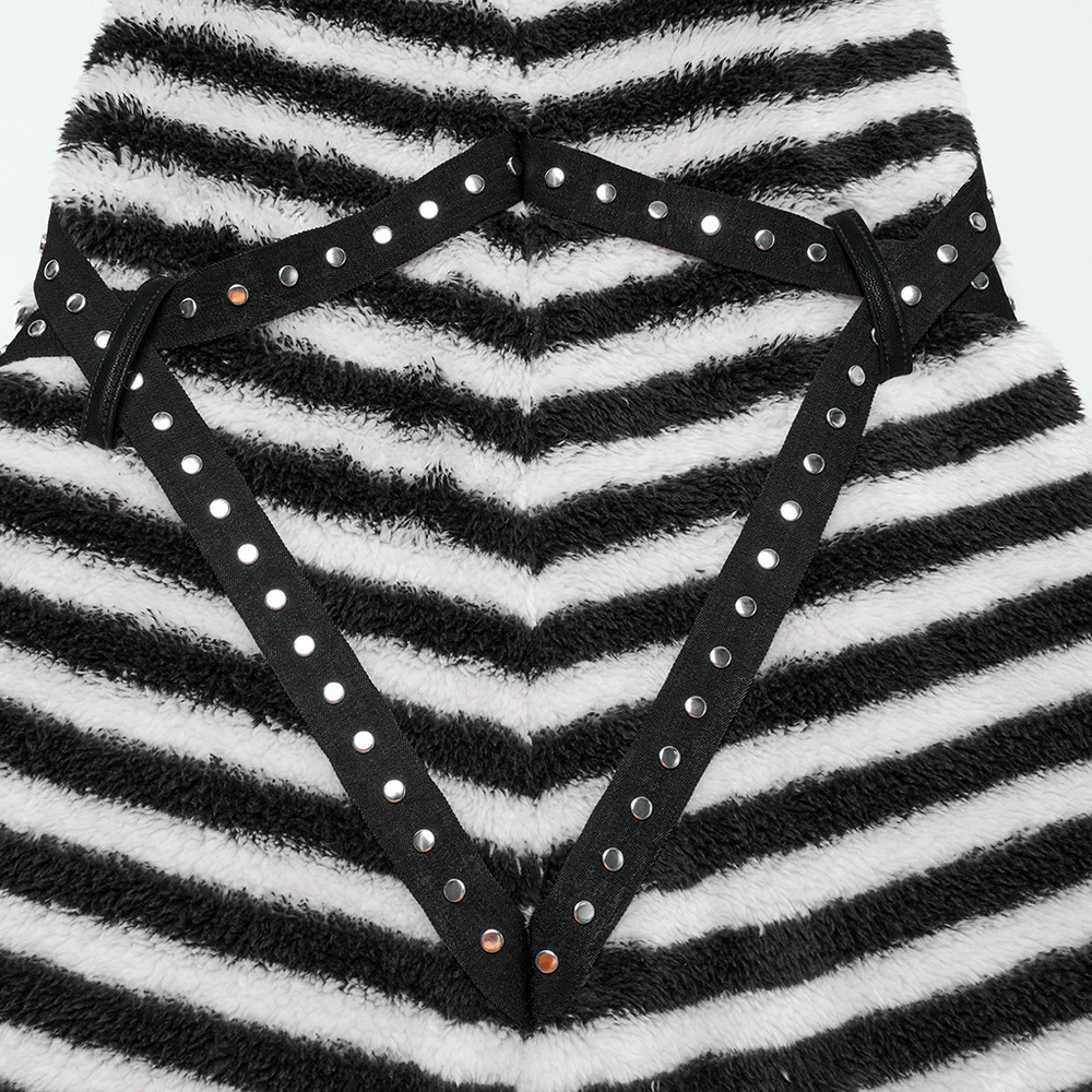Chic striped plush leg warmers featuring stylish cross straps and studded detailing for a trendy look.