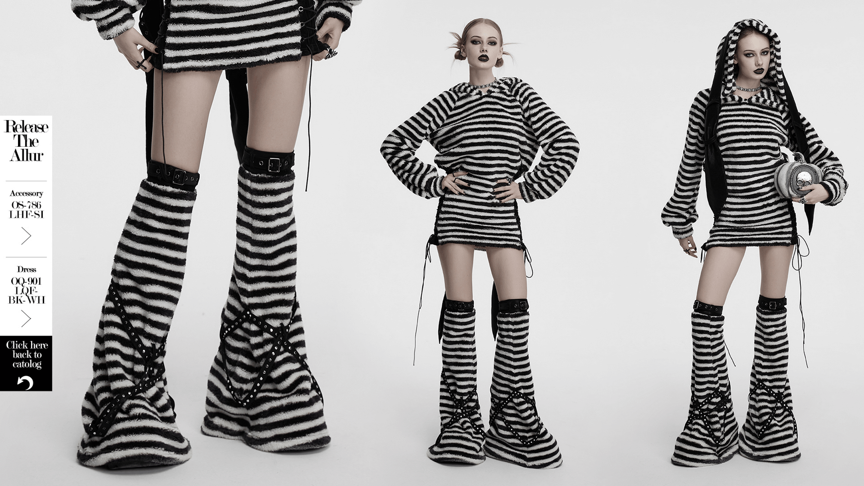 Chic striped plush leg warmers with cross straps, perfect for stylish winter looks and cozy outfits.