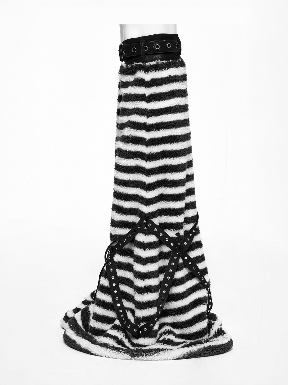 Chic striped plush leg warmers featuring stylish cross straps, perfect for cozy layering and making a fashion statement.