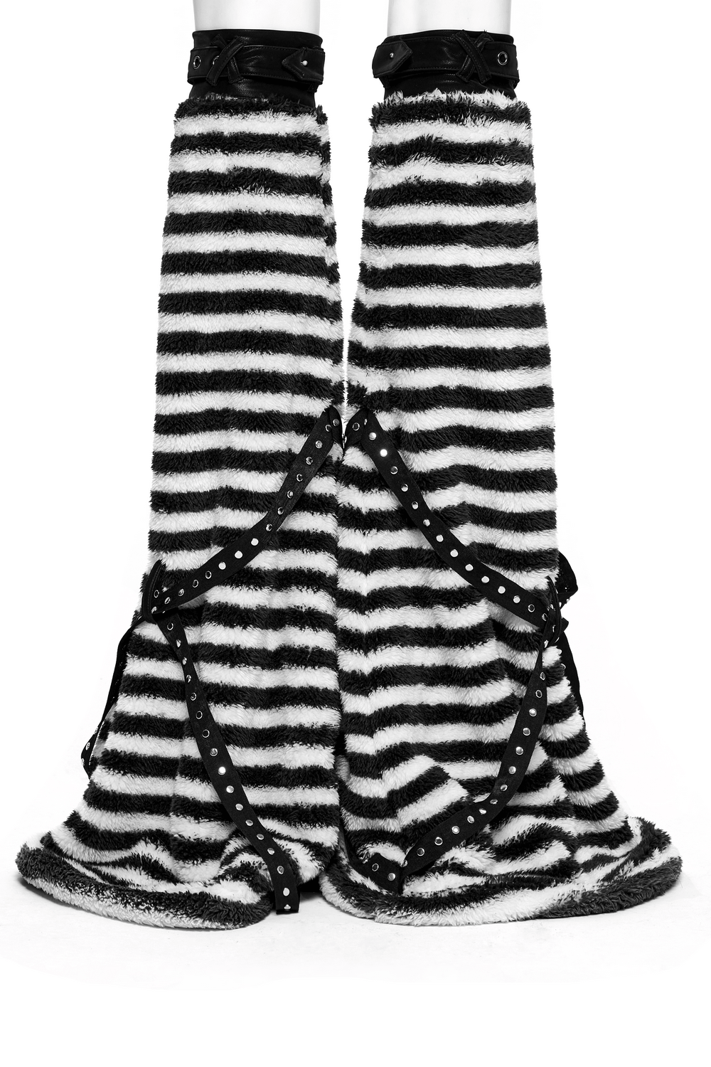 Chic striped plush leg warmers with trendy cross straps, perfect for adding warmth and style to your outfit.