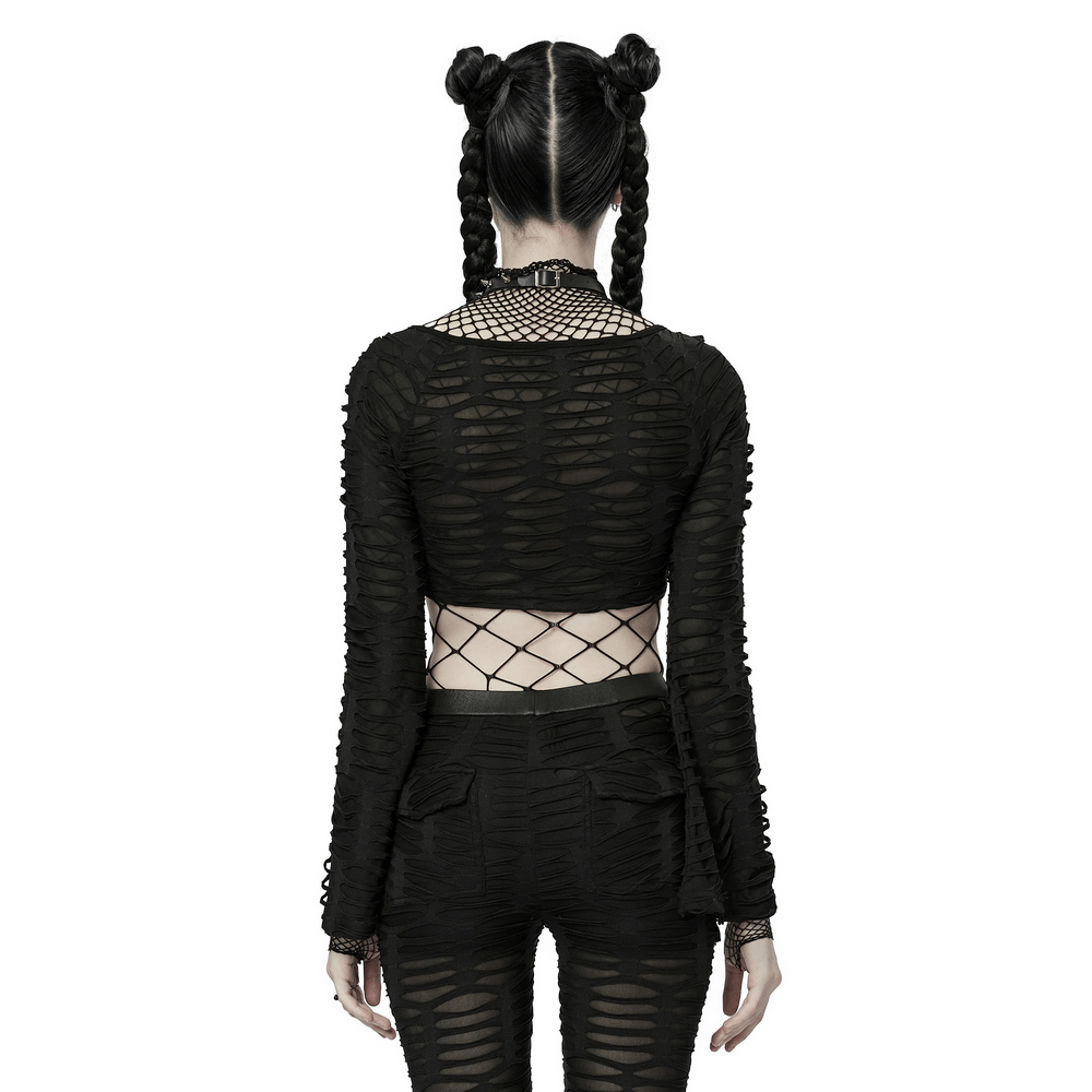 Chic Twist-Front Mesh Gothic Crop Top With Long Sleeves - HARD'N'HEAVY