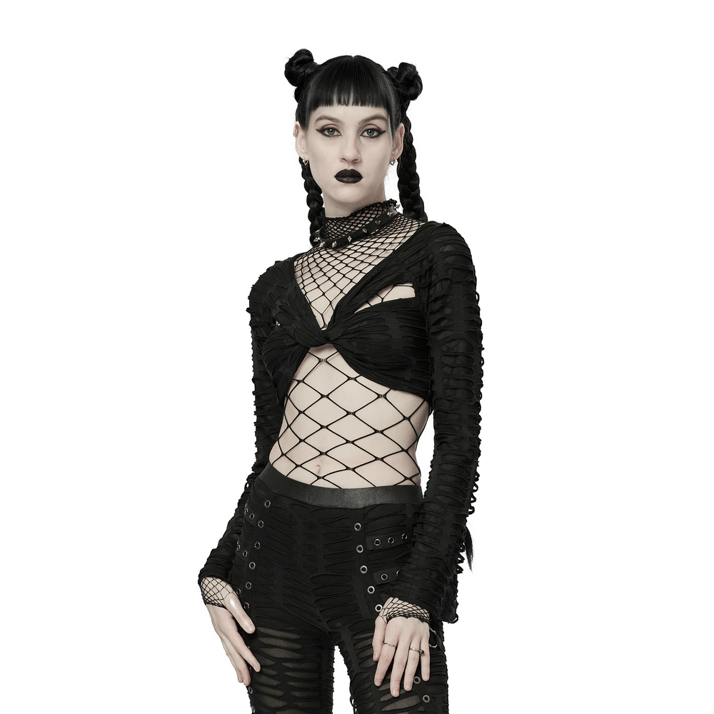 Chic Twist-Front Mesh Gothic Crop Top With Long Sleeves - HARD'N'HEAVY