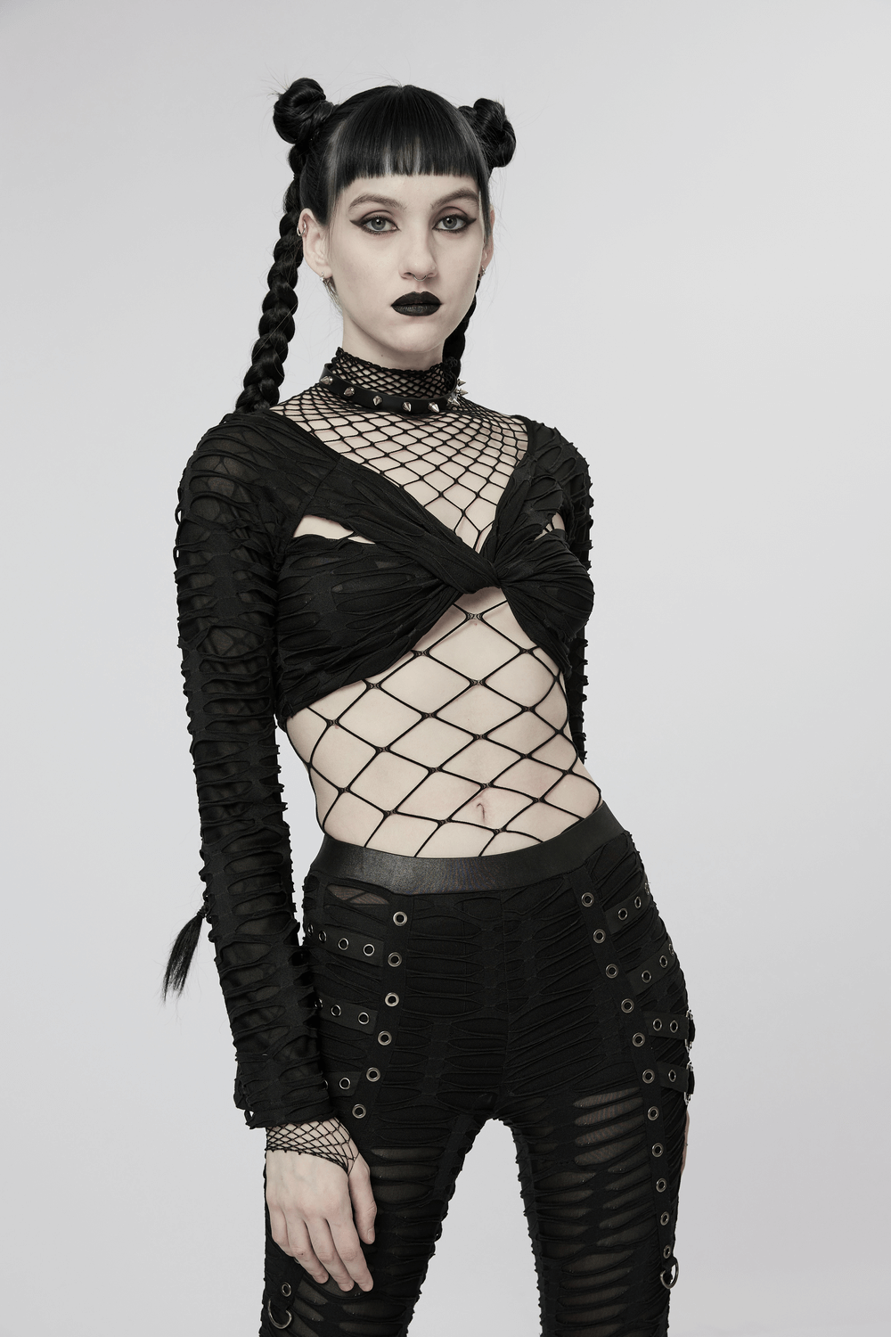 Chic twist-front mesh gothic crop top with long sleeves, featuring a unique lace design for an edgy yet elegant look.