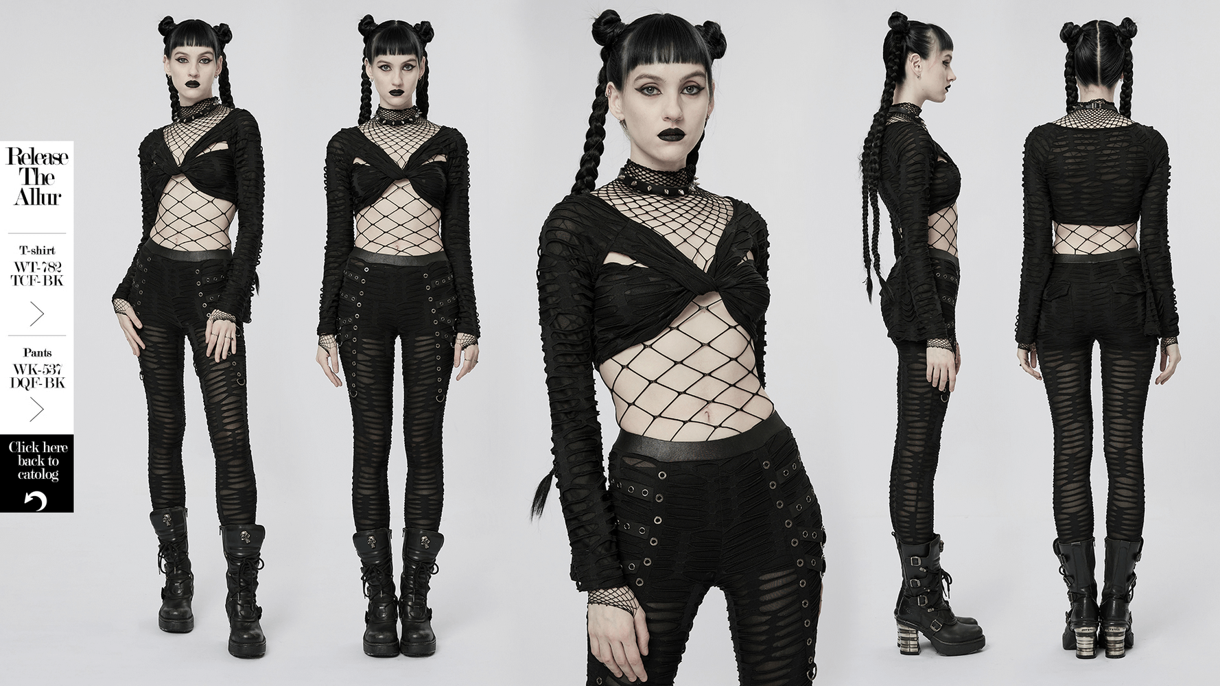 Chic gothic crop top with twist-front mesh detail, paired with sleek black pants, perfect for edgy fashion lovers.