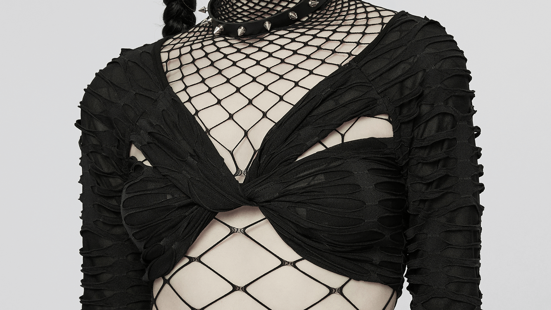 Chic twist-front black mesh gothic crop top with long sleeves and lace details, perfect for edgy fashion lovers.