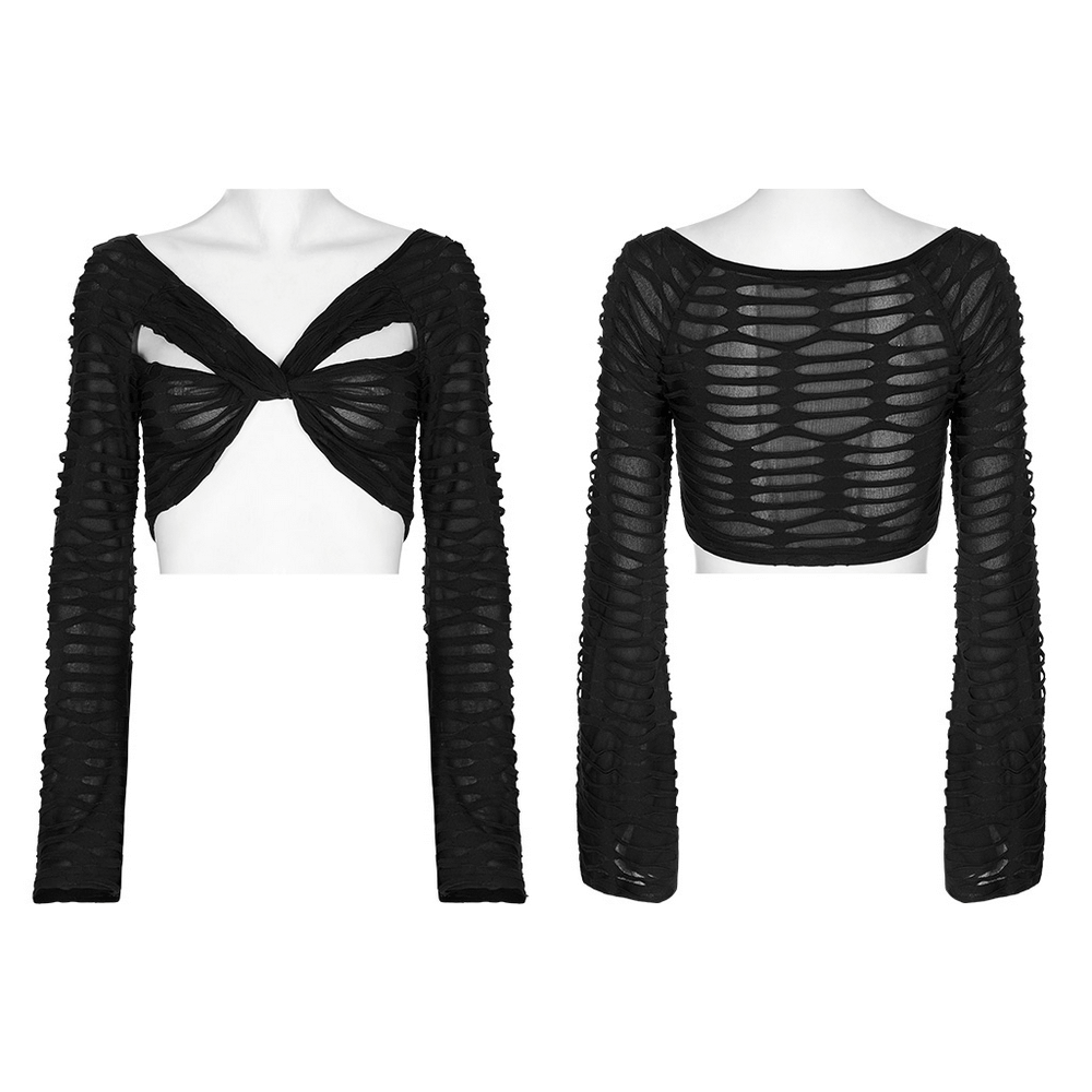 Chic Twist-Front Mesh Gothic Crop Top With Long Sleeves - HARD'N'HEAVY