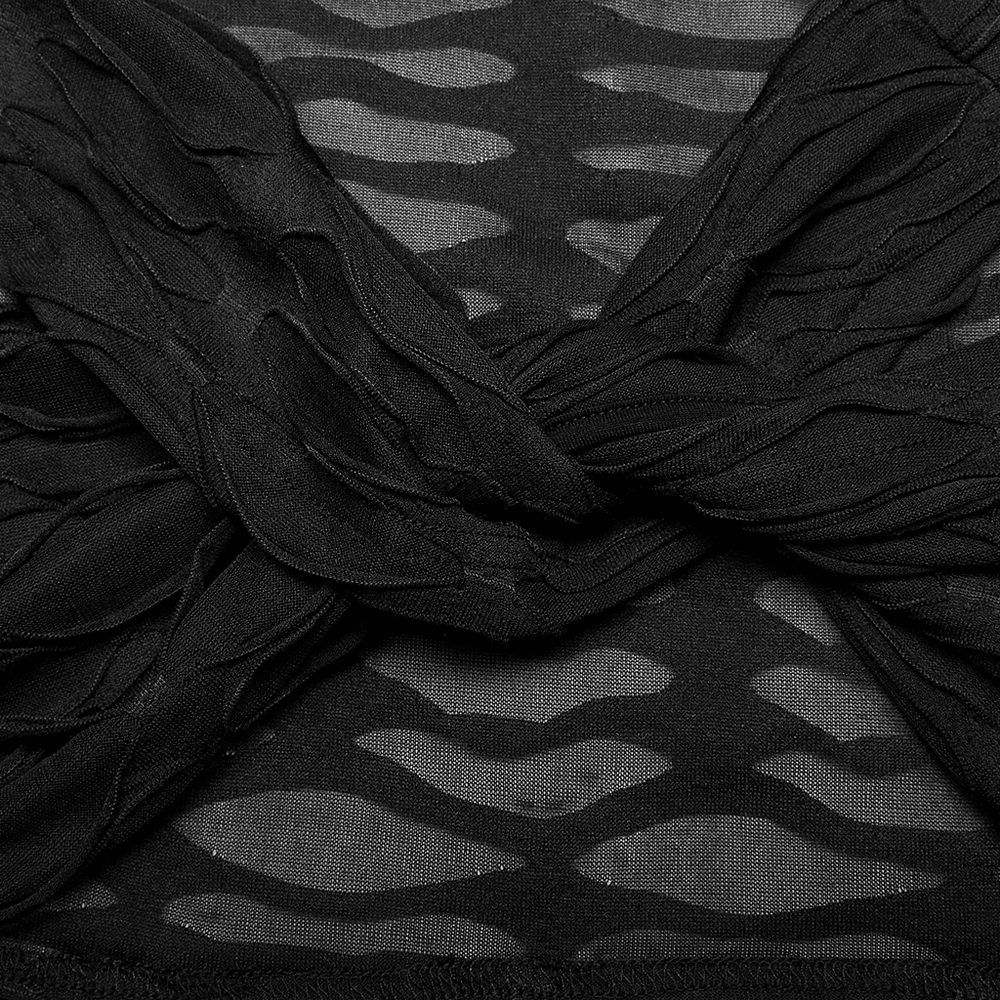 Chic twist-front gothic crop top with black mesh and lace detailing for an edgy, elegant look.