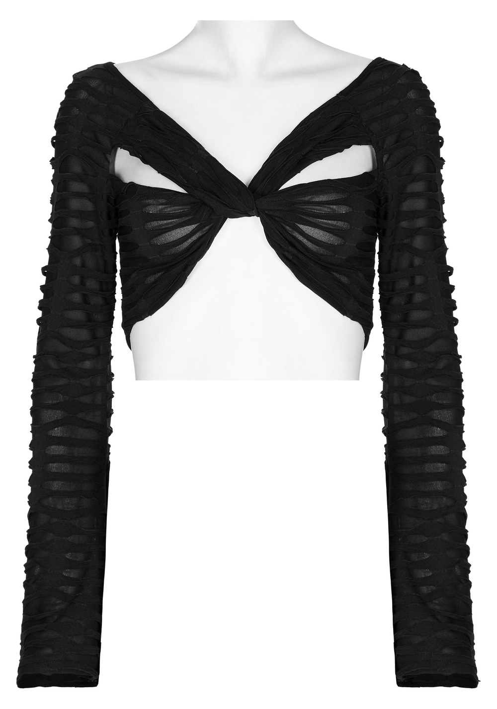 Chic Twist-Front Mesh Gothic Crop Top With Long Sleeves - HARD'N'HEAVY