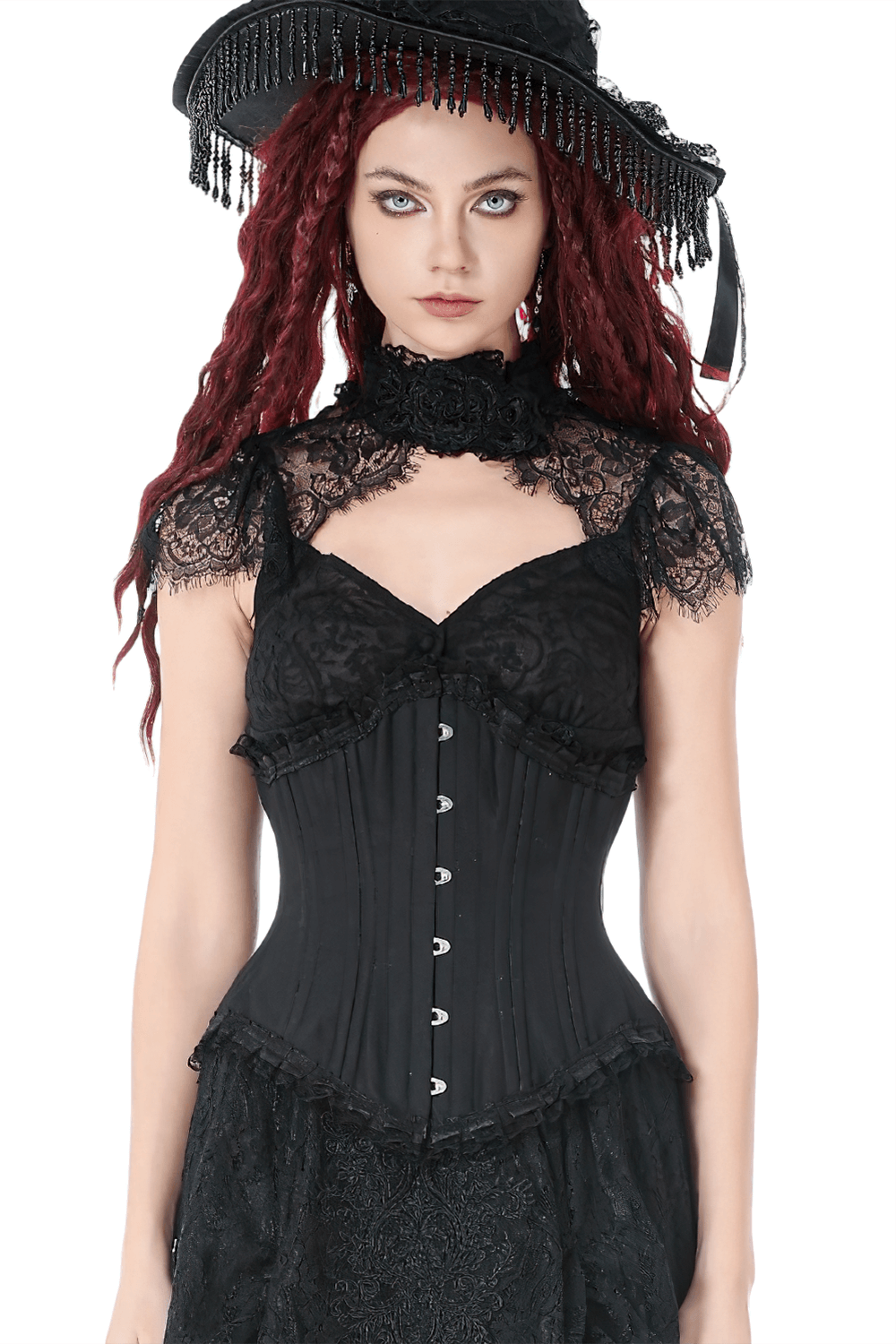 Chic Underbust Corset Waist Cincher with Lace-Up Front worn by a model in gothic attire with a dramatic hat.