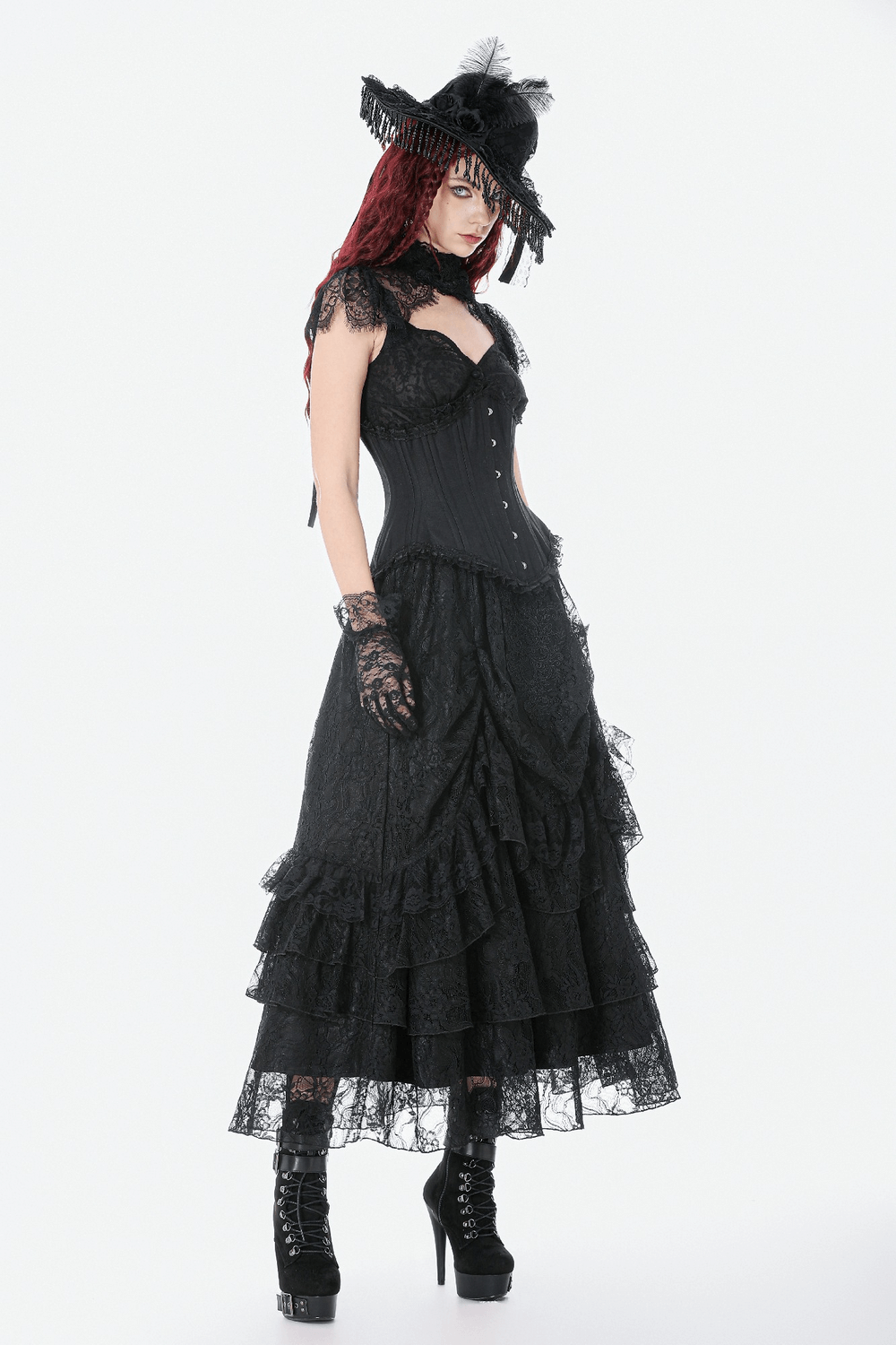 Chic Underbust Corset Waist Cincher with Lace-Up Front styled with a black lace gown and gothic accessories.