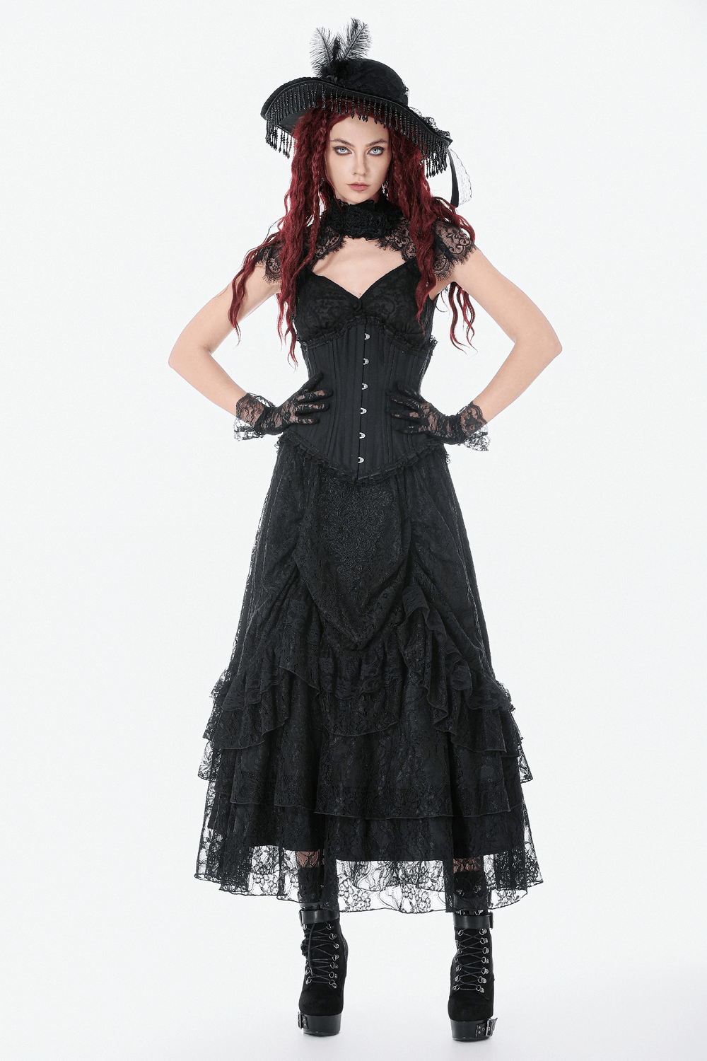Chic Underbust Corset Waist Cincher with Lace-Up Front worn with gothic accessories and a flowing black dress.