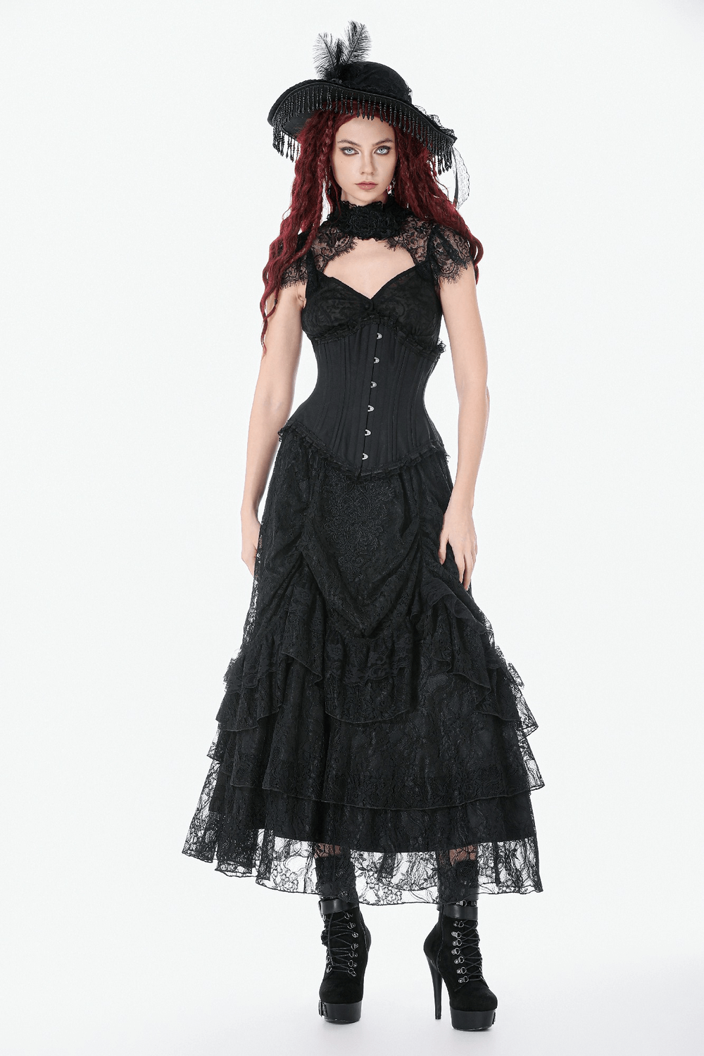 Chic Underbust Corset Waist Cincher with Lace-Up Front styled with black lace skirt and gothic hat.