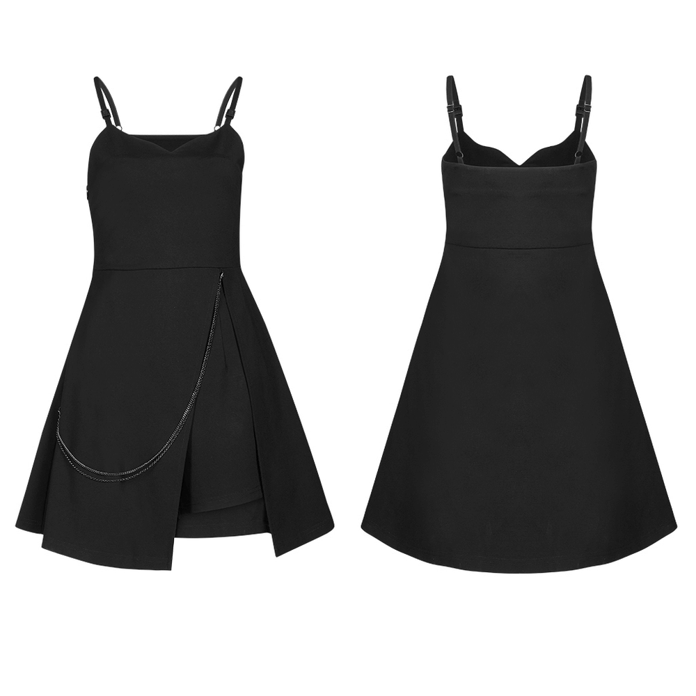 Chic black slip dress with high slit and detachable chain detail, featuring adjustable straps and tailored waist.