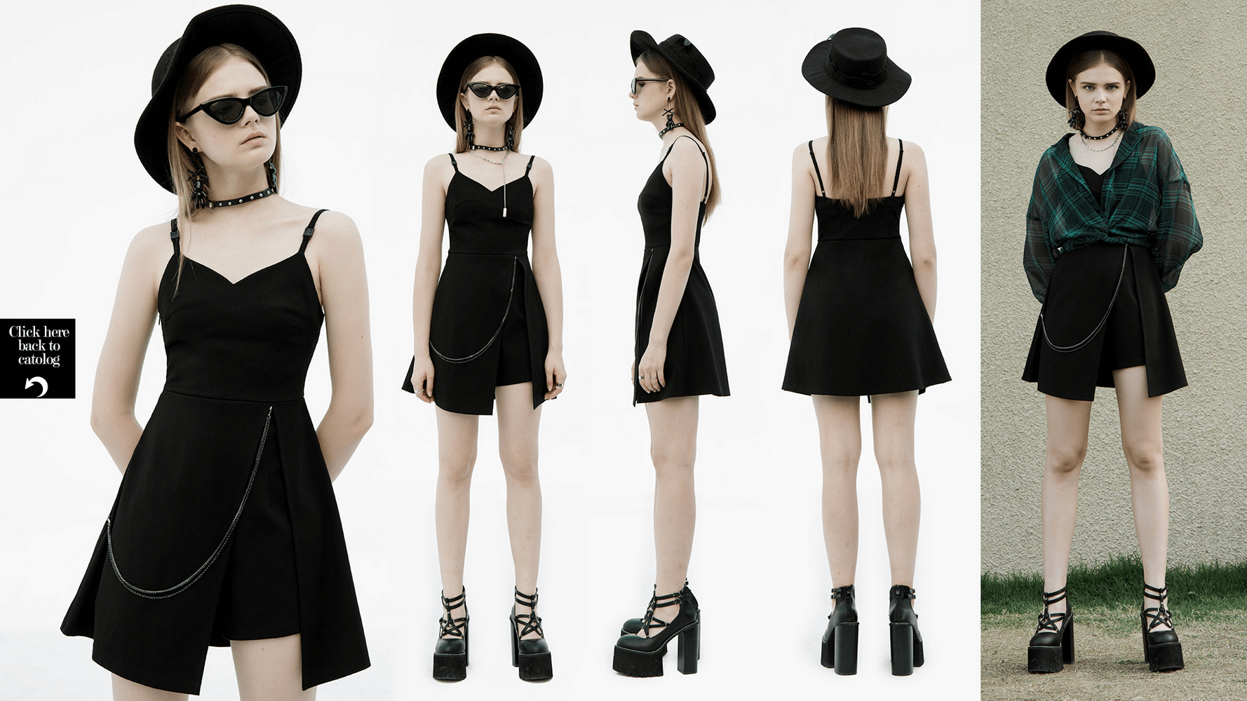 Chic V-neck slip dress with high slit, detachable chain, and unique straps for a stylish look.