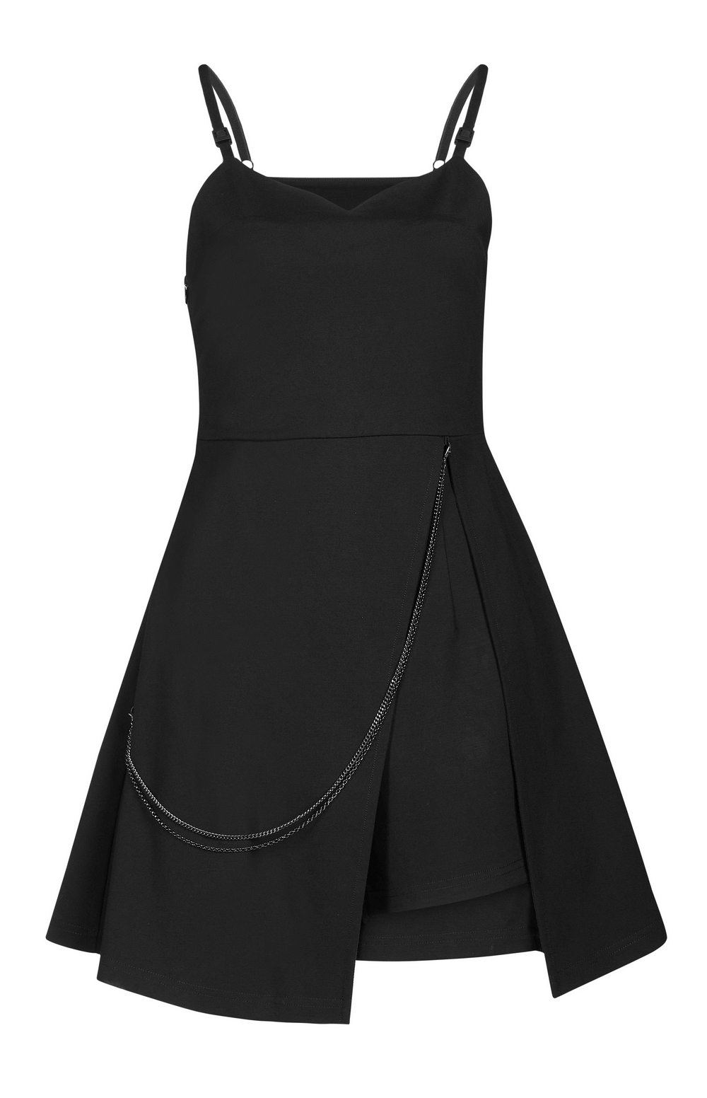 Chic black v-neck slip dress featuring a high slit and detachable chain accent for a trendy silhouette.