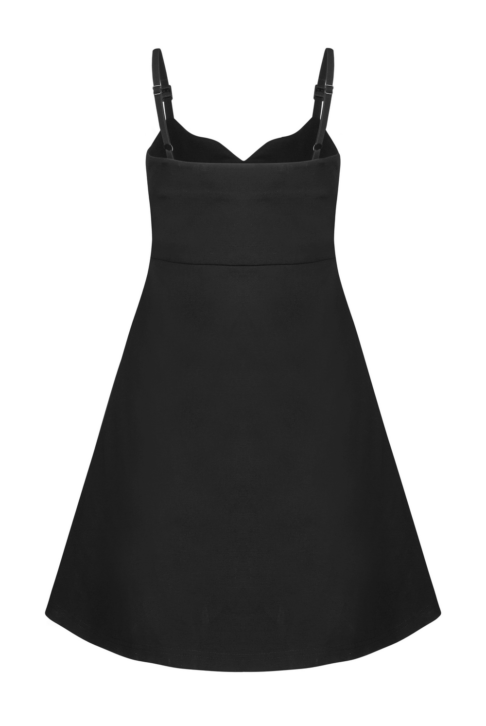 Chic black slip dress with v-neck and adjustable straps, featuring a defined waist and flowy skirt.