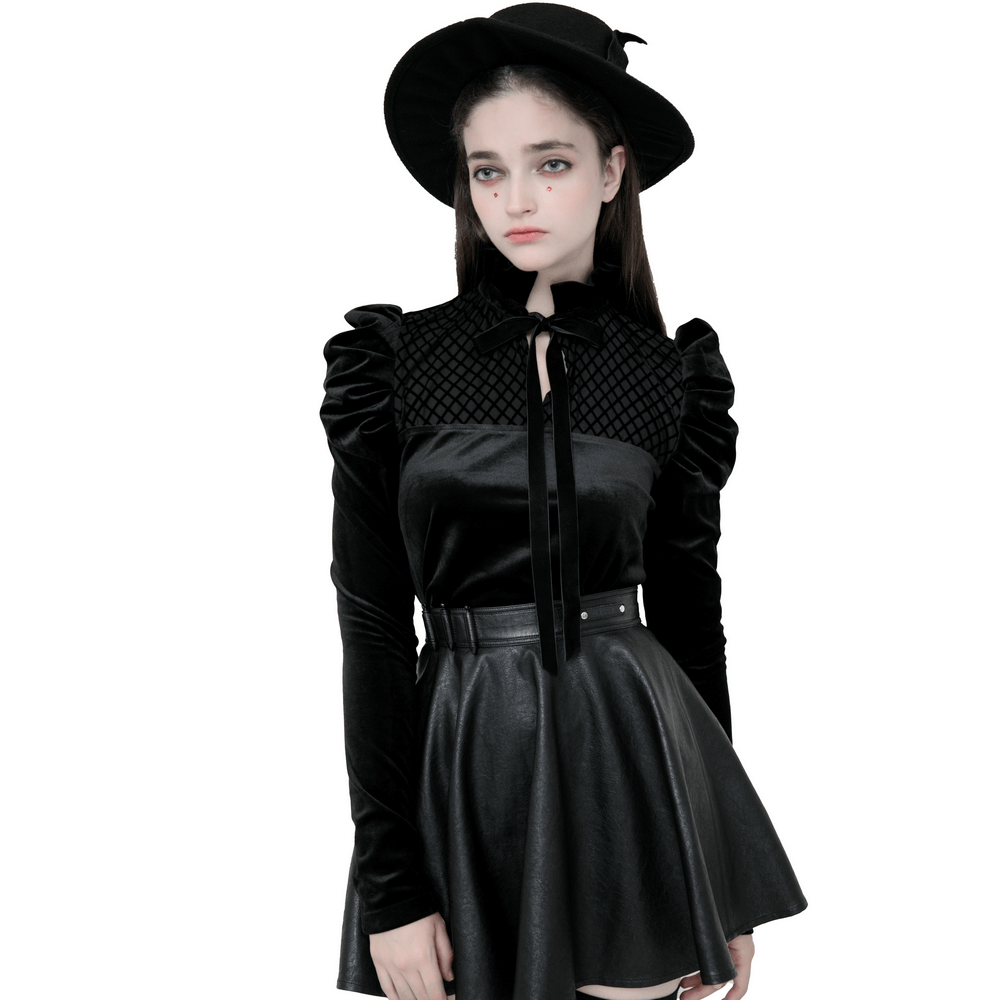 Chic Velvet Bow Tie Ruffle Sleeve Gothic Shirt - HARD'N'HEAVY