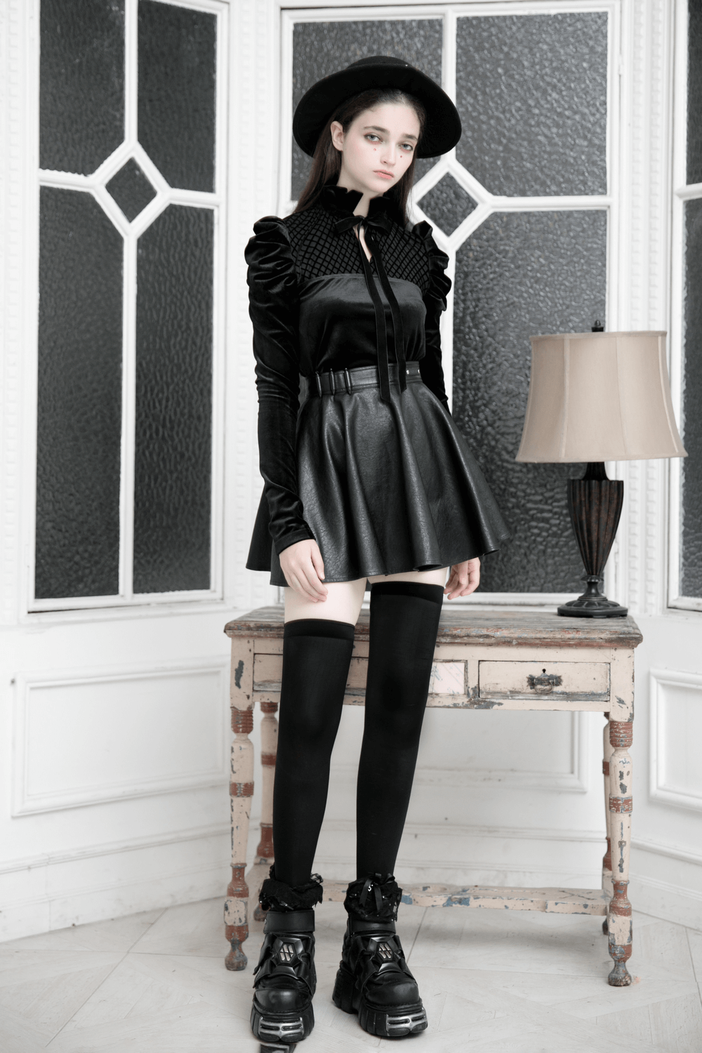 Chic Velvet Bow Tie Ruffle Sleeve Gothic Shirt - HARD'N'HEAVY