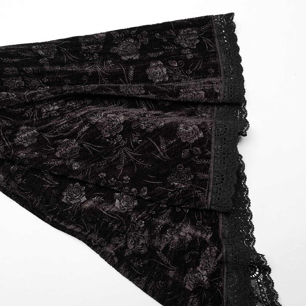 Chic velvet dress fabric detail with lace trim and dark rose embossing, perfect for gothic and vintage styles.