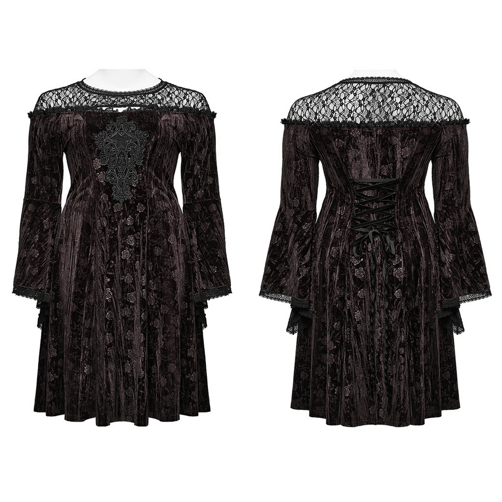 Chic dark rose velvet dress with lace, trumpet sleeves, and corset lacing, perfect for gothic and vintage styles.