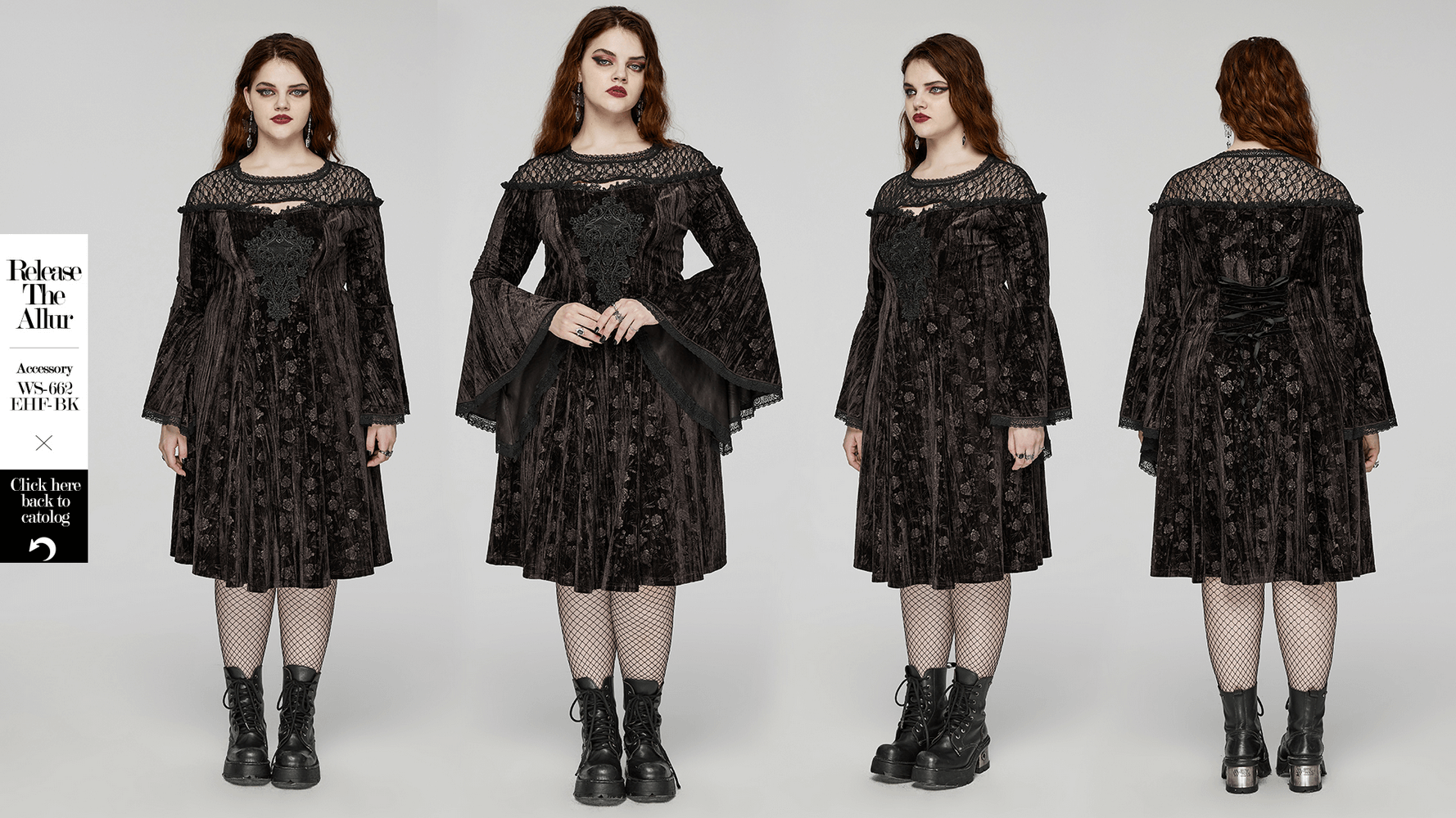 Goth dark rose velvet dress with lace, trumpet sleeves, and mesh patchwork, perfect for gothic and vintage styling.