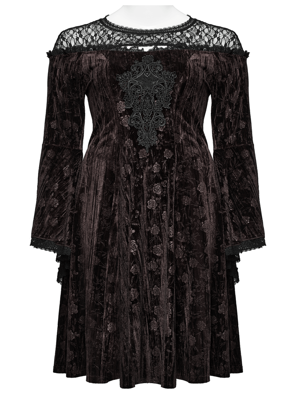 Chic goth velvet dress with lace neckline, trumpet sleeves, and rose embroidery for dark romantic elegance.