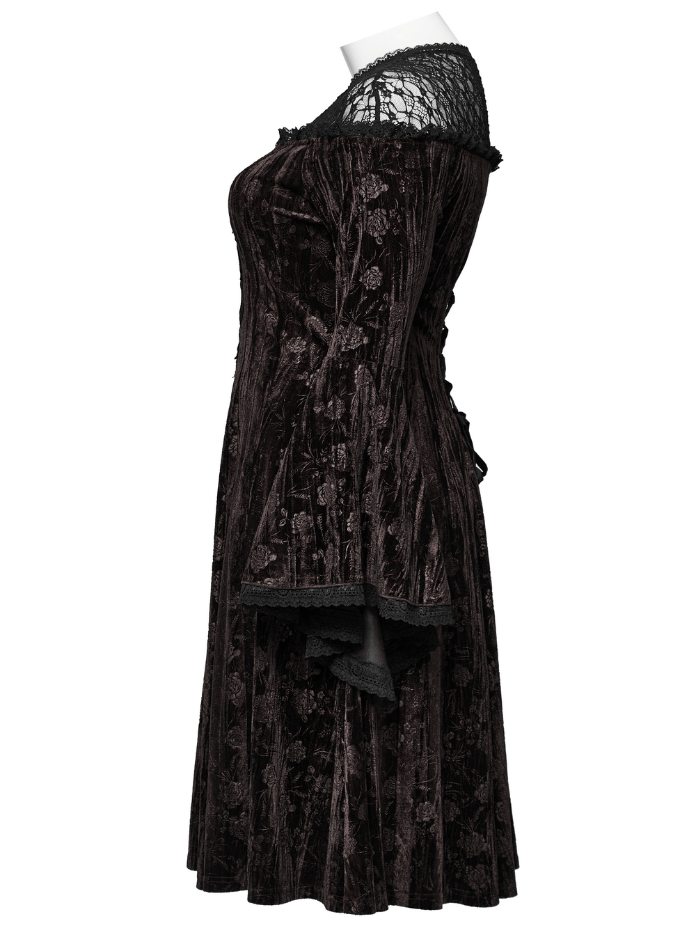 Chic dark rose velvet dress with trumpet sleeves, lace neckline, and corset lacing, perfect for gothic elegance.