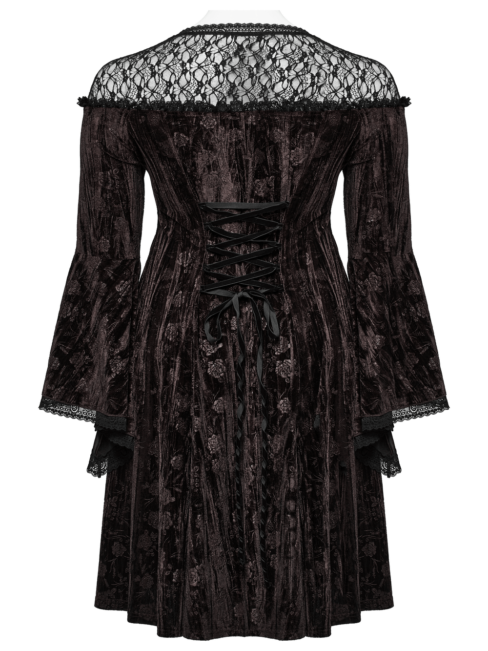 Elegant back view of chic velvet dress with lace and trumpet sleeves, featuring corset lacing and intricate rose embossing.