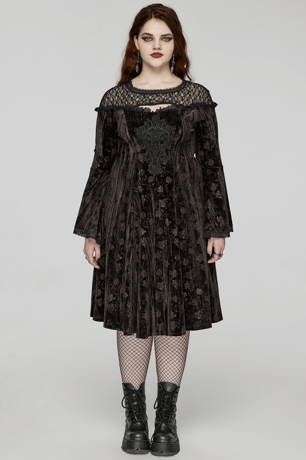 Chic gothic velvet dress with trumpet sleeves, lace embroidery, and mesh detail for dark romantic style.