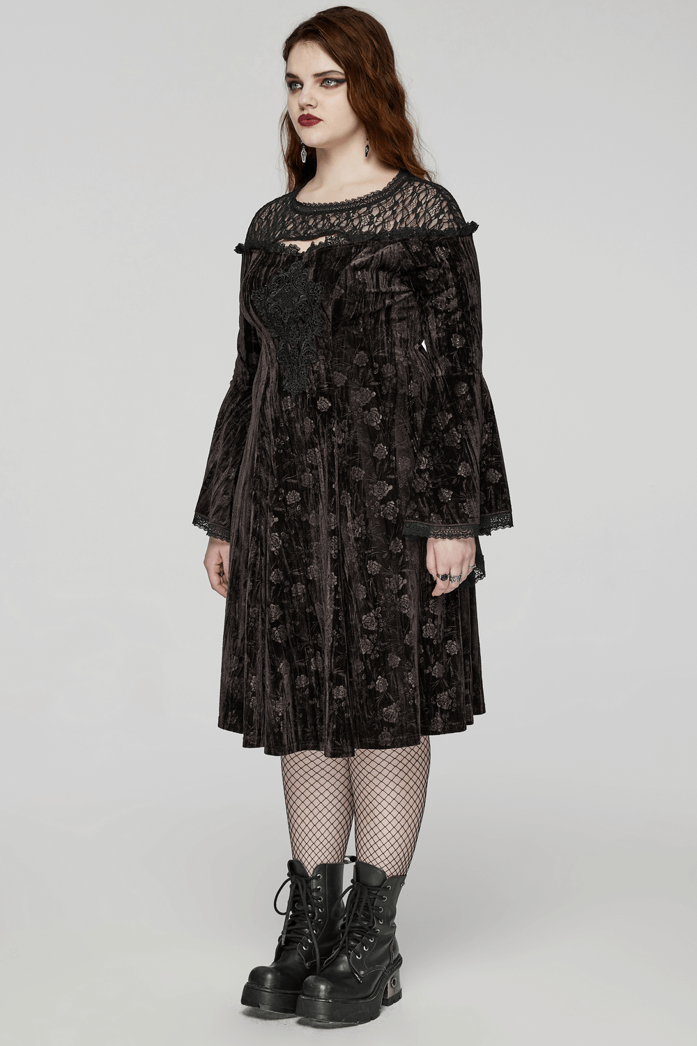 Chic gothic velvet dress with lace embroidery and trumpet sleeves, perfect for dark romantic styling.