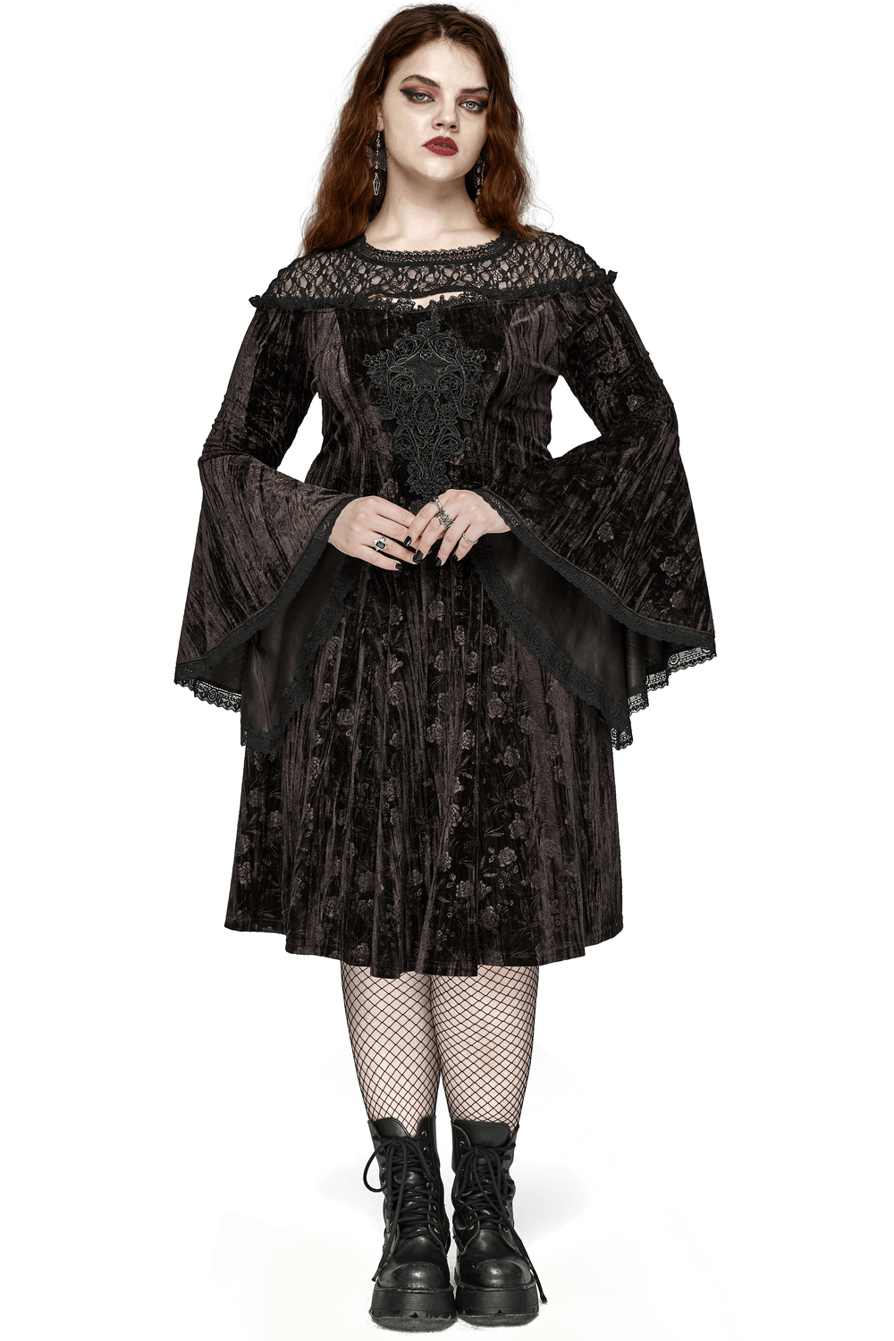 Chic velvet dress with lace and trumpet sleeves, perfect for gothic and vintage styles, featuring dark rose embossing.