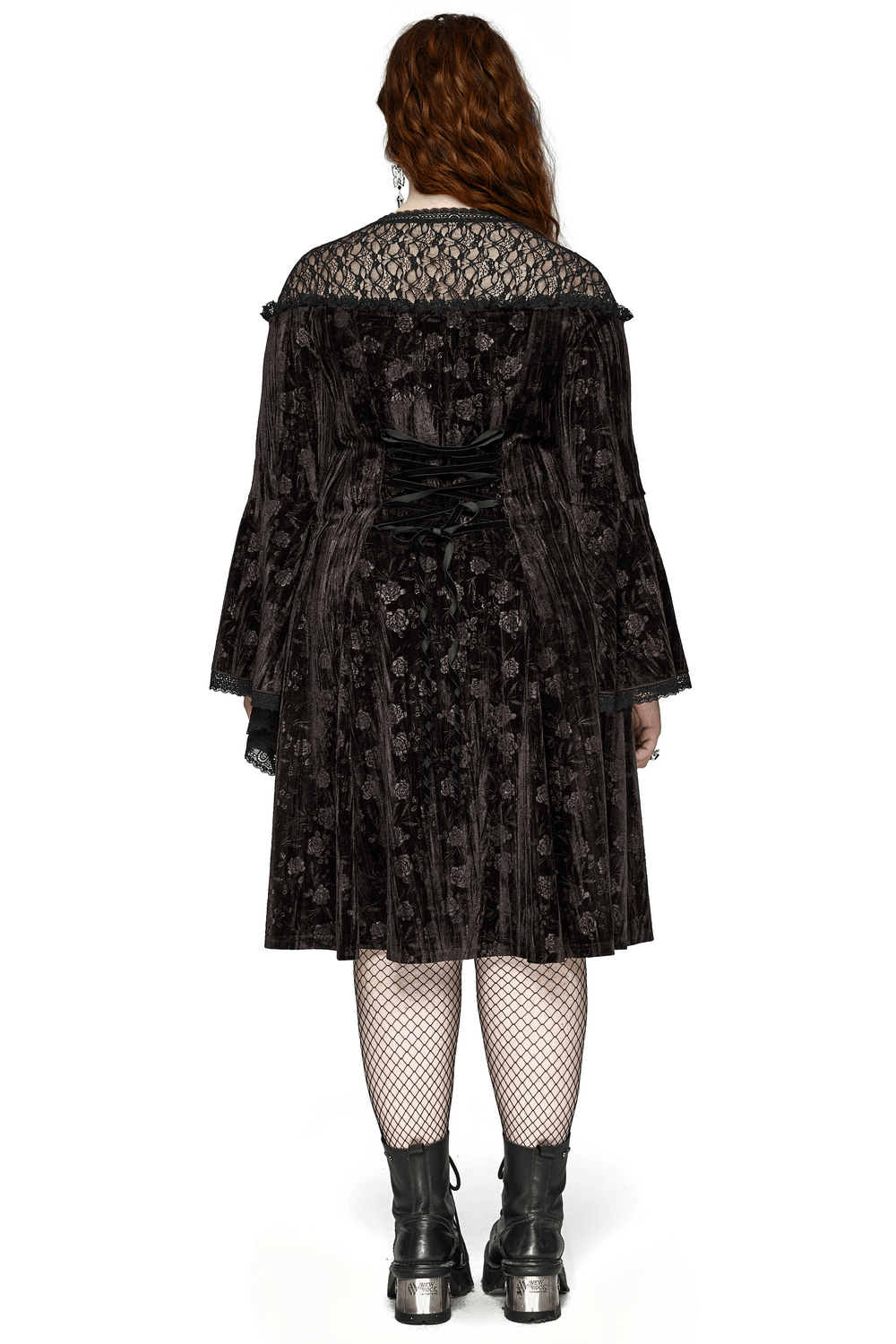 Chic dark rose velvet dress with trumpet sleeves, lace detail, and corset back, perfect for gothic or vintage ensembles.
