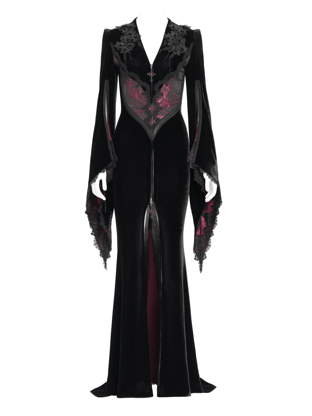 Chic black velvet evening dress with lace details and wine red accents, featuring dramatic bell sleeves and a front slit.