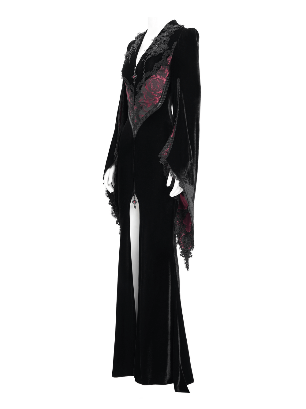 Chic velvet evening dress with lace detailing and wine red accents, perfect for gothic and alternative fashion lovers.